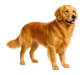 Portrait of a Golden Retriever standing against a white background, showing its glossy fur, friendly expression, and alert posture, ideal for pet-themed projects.