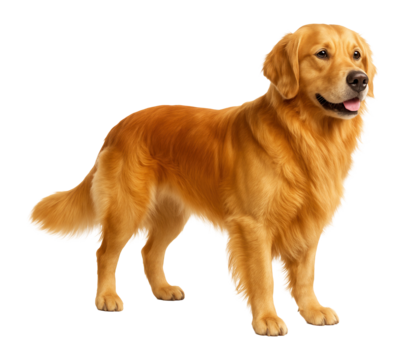 Portrait of a Golden Retriever standing against a white background, showing its glossy fur, friendly expression, and alert posture, ideal for pet-themed projects.