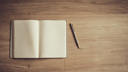 Minimalist wooden desk with an open notebook and writing tools, showcasing simplicity and productivity.