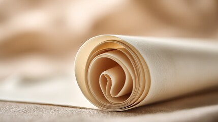 A close-up of a roll of parchment paper with visible surface texture and softness, symbolizing its use in baking and cooking, against a light beige, softly blurred background.