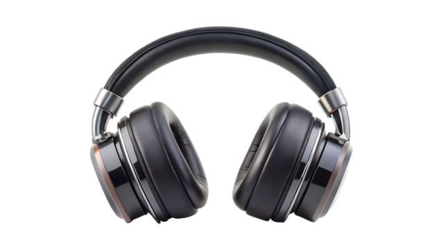 Black wireless headphones isolated on transparent background, offering a modern design for enjoying music and audio with comfort and quality sound