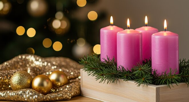 Four pink advent candles burning with festive christmas tree bokeh