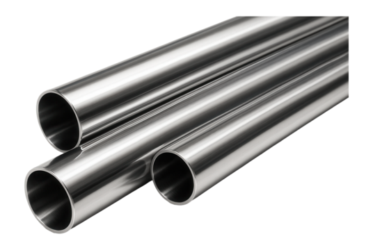Shiny stainless steel pipes arranged in a diagonal alignment, showcasing smooth cylindrical surfaces and clean cut ends, ideal for industrial and construction themes.