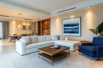 Modern interior of a living room with a wooden cabinet and armchair, creating a stylish and functional space, Generative AI