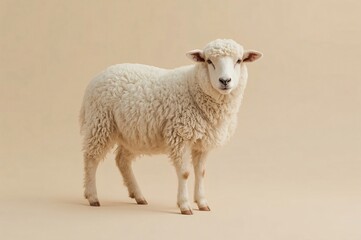 Fototapeta premium Fluffy sheep posing, studio beige backdrop