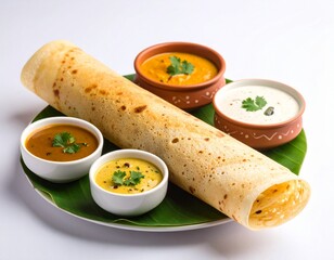Masala dosa rolled with potato filling peeking out, served with coconut chutney and sambar