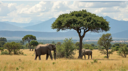 Obraz premium Majestic elephants roam the African savanna, creating a tranquil scene of wildlife and natural beauty