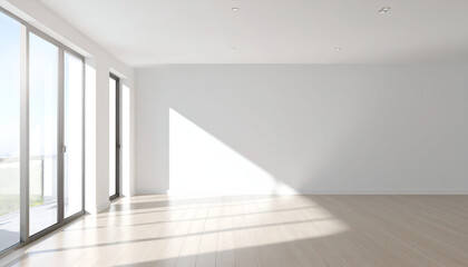 Fototapeta premium Geometric Sunlight Across Light Wood Floors in a Vacant Modern Room.