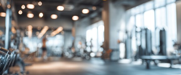 Blurry gym interior with fitness equipment
