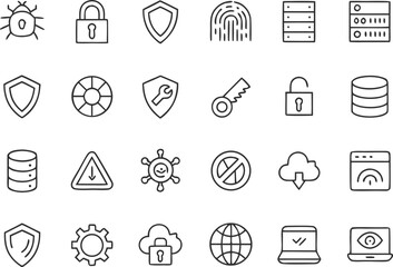 Fototapeta premium Collection of 35 minimal black line icons for cybersecurity and data protection privacy