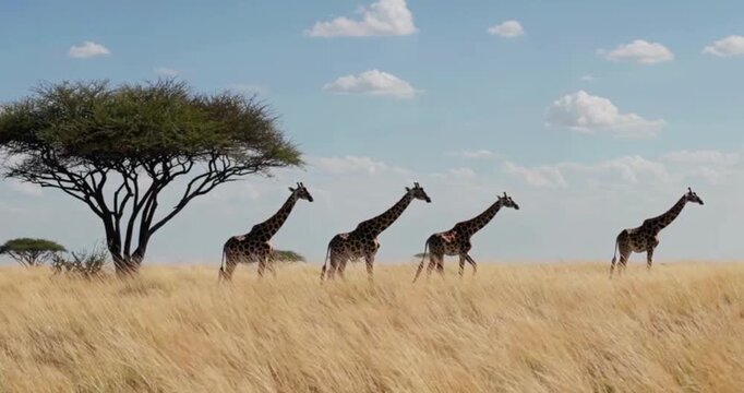 Four giraffes are grazing together on the grassland.