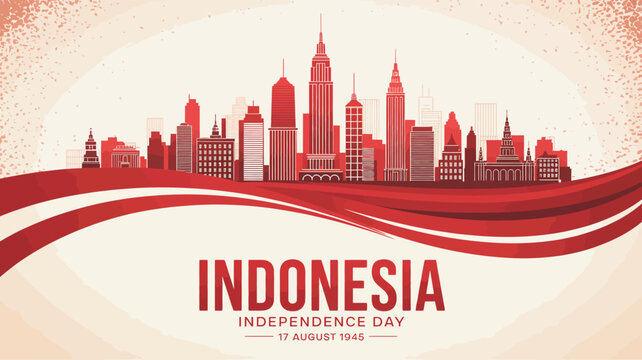 Stylized Indonesian Independence Day poster with red cityscape, flag-colored waves, bold date text, and clean celebratory composition