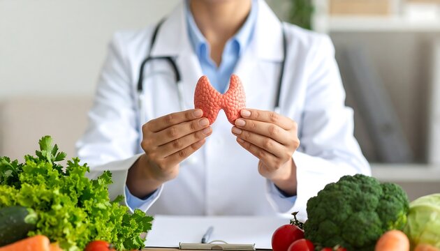 Doctor displays thyroid model amidst healthy produce