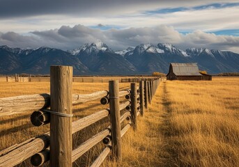 Rustic wooden fence leads to a barn with snowcapped mountains