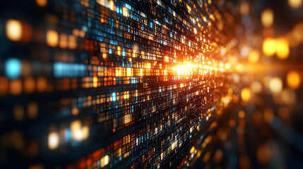 Abstract digital data stream glowing orange and blue futuristic technology background