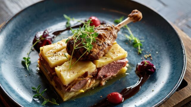 Duck leg parmentier with crispy golden potato layers and tender confit duck meat served on rustic blue ceramic plate with wine reduction sauce