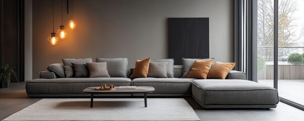 Interior of a living room with a white sofa and coffee table, offering a clean and minimalist design. Panoramaing, Generative AI