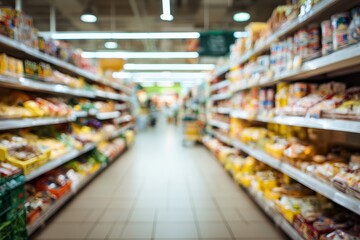 Blurred supermarket aisle with shelves of food (4)