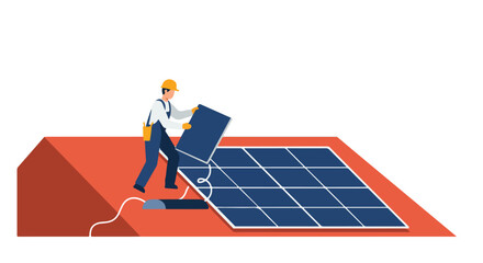 Rooftop installation worker places a solar panel on a roof in daylight