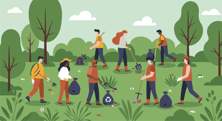 Volunteers cleanup park rake leaves, gather trash, recycle bags, preserve nature