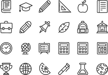 Fototapeta premium Collection of 35 minimal black line icons for education and school supplies learning book