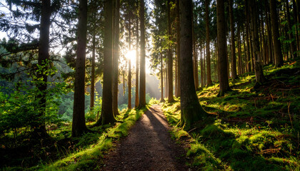 Obraz premium Golden Sunbeams Pierce a Serene Forest, Casting Long Shadows on a Winding Path