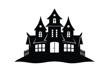 Halloween vector art of gothic haunted house silhouette with fence isolated
