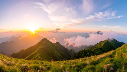 Golden Sunrise Illuminates Lush Green Mountain Peaks Above a Sea of Clouds.