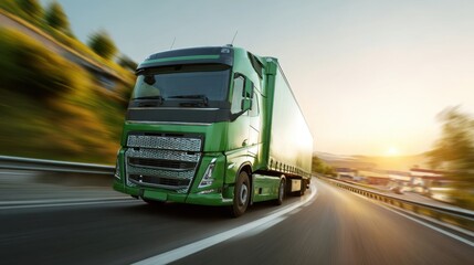 The green truck racing down the highway at sunset in dynamic motion