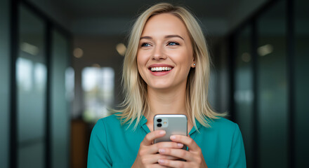 Confident businesswoman smiles using smartphone in modern office space to connect with clients globally