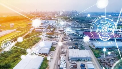 Futuristic Industrial Landscape with Data Network Visualization Overlay - Powered by Adobe