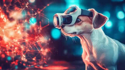 Dog in virtual reality headset exploring digital world with network connection - Powered by Adobe