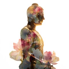 buddha statue with flower on white background.