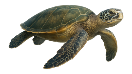 Realistic illustration of a sea turtle swimming, showcasing detailed texture and natural coloration of its shell and flippers, emphasizing marine wildlife and conservation.