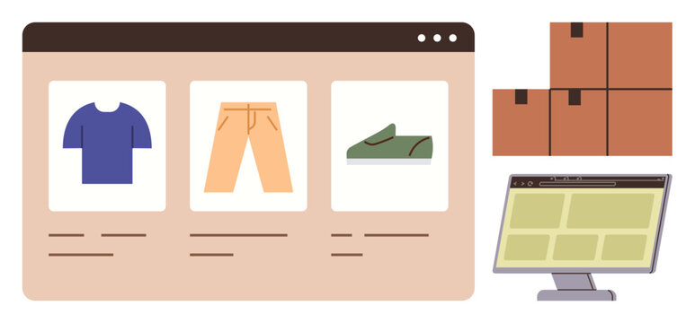 E-commerce webpage displaying clothing options, computer monitor showing online catalog, and stacked shipping boxes. Ideal for retail, e-commerce, logistics, inventory, technology, delivery