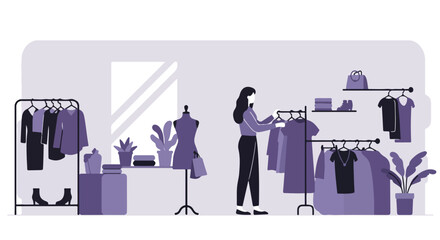 Person shops clothes at boutique or a thrift store, items are in the background