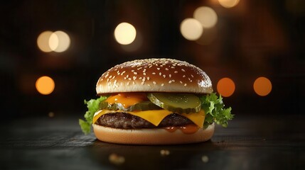 A classic burger with melted cheese, pickles, and lettuce on blurred background 