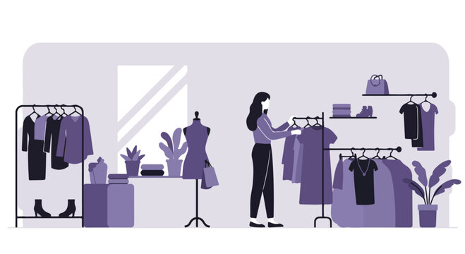 Person shops clothes at boutique or a thrift store, items are in the background