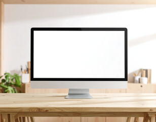 Desktop computer with a blank white screen sits on a wooden desk in a bright, modern workspace.