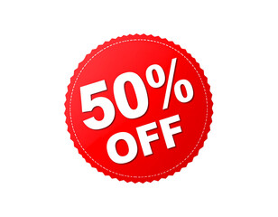 Bright red circular fifty percent off sale tag isolated on transparent background