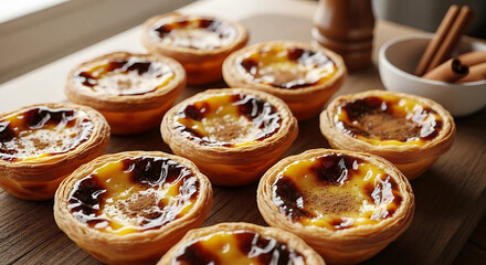 Fototapeta premium Traditional Portuguese Custard Tarts (Pastel de Nata) with Cinnamon – Authentic Sweet Bakery Dessert