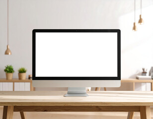 Fototapeta premium Modern minimalist workspace featuring a blank computer screen on a light wood desk.
