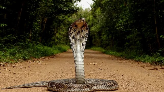 Cobra erect on a dirt path hood flared detailed scale pattern visible forest backdrop