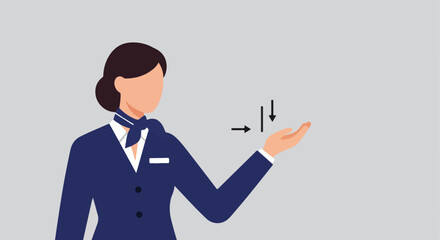 Stewardess pointing down. Grey background. Explaining flight safety procedures