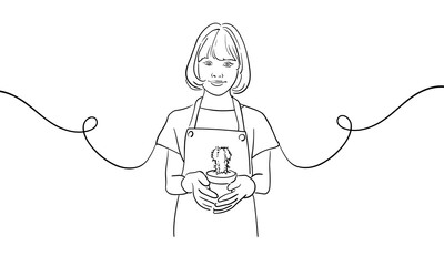 Girl in an apron and a pot with a plant in her hands, continious line drawing. House plants outline. Vector illustration