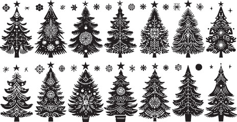 Obraz premium A diverse set of vector tree silhouettes including festive Christmas pine and fir trees, perfect for winter holiday landscape illustrations