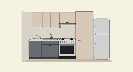 Modern kitchen for cooking use Cabinetry, sink, stove, refrigerator. Flat style