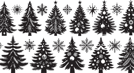 Obraz premium A diverse set of vector tree silhouettes including festive Christmas pine and fir trees, perfect for winter holiday landscape illustrations