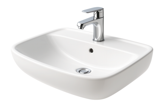 A modern white ceramic sink with a sleek chrome faucet, featuring an overflow hole and minimalist design, suitable for contemporary bathroom interiors.