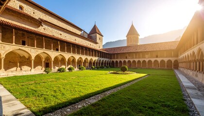 Fototapeta premium Transylvanian architectural symmetry: A sun-kissed monastery courtyard panorama view